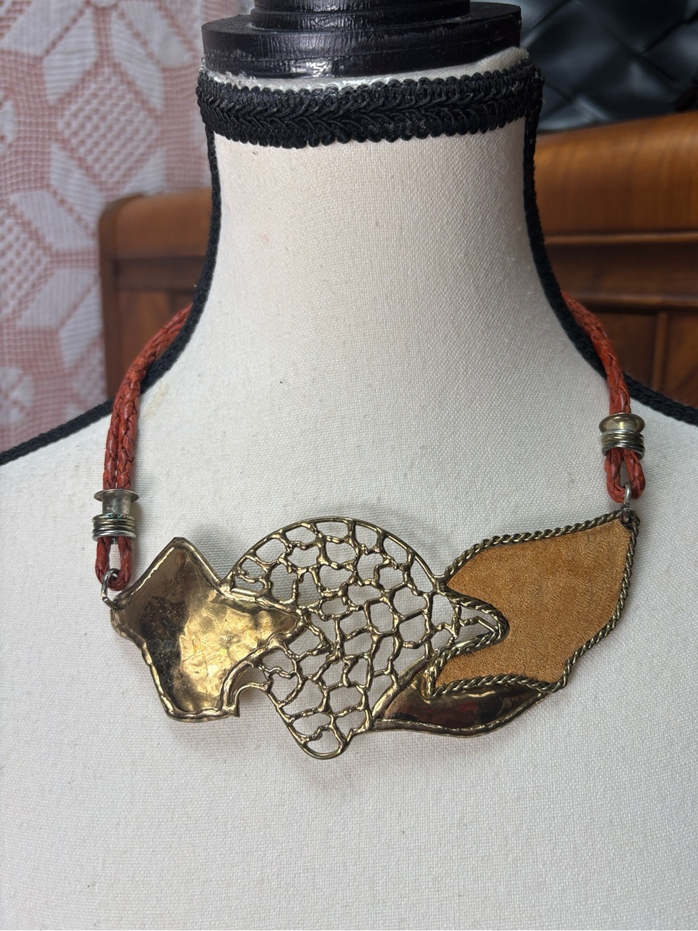 Vintage Brass & Leather Statement Necklace Boho Abstract Bib